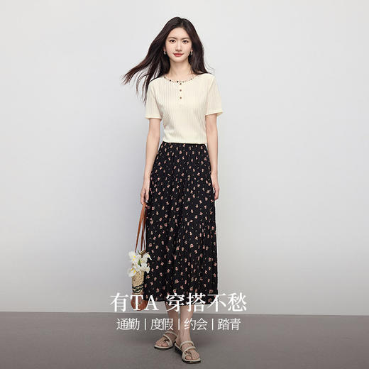 【周四狂欢价】熙世界度假风织带圆领t恤女短袖夏季新款气质百搭正肩肌理感上衣 商品图2