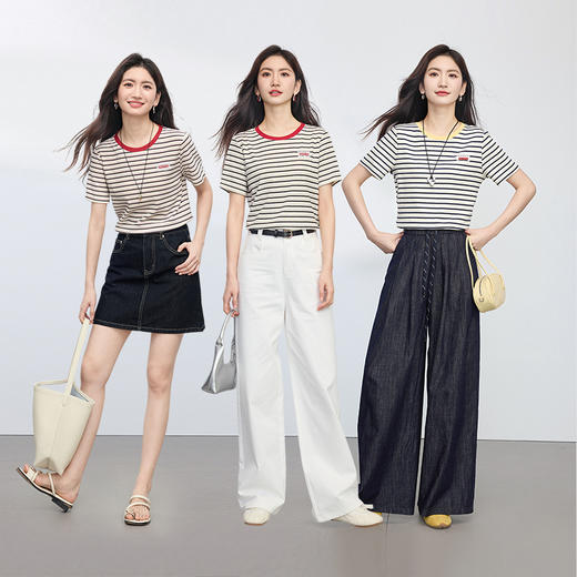 【周四狂欢价】熙世界正肩条纹T恤短袖女2025夏新款时尚小个子休闲撞色圆领上衣 商品图2