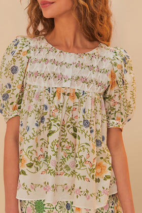 Farm Rio - Folk Floral Scoop Neck Short Sleeve - Off-White - 女装 - 衬衫 - 白色