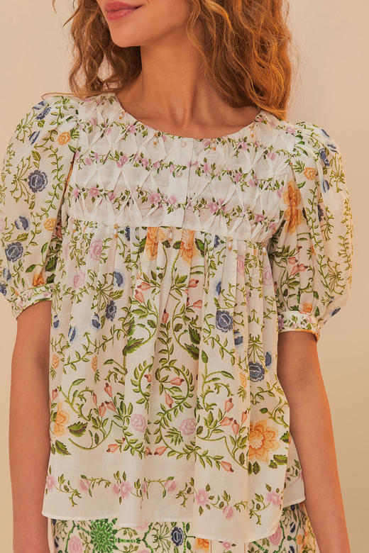 Farm Rio - Folk Floral Scoop Neck Short Sleeve - Off-White - 女装 - 衬衫 - 白色 商品图0