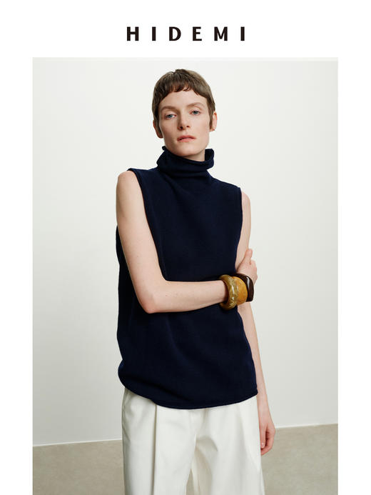 HIDEMI 澳洲进口美利奴羊毛立领堆堆领极简多穿针织毛衣背心 深藏蓝/巧克力色/黑色/奶油黄 商品图3