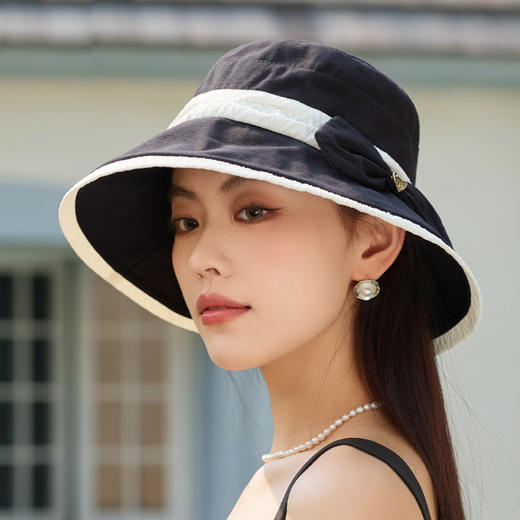 渔夫帽韩国拼色蝴蝶结透气防晒帽，减龄百搭户外大沿遮阳帽A14-1-3-M3427 商品图3