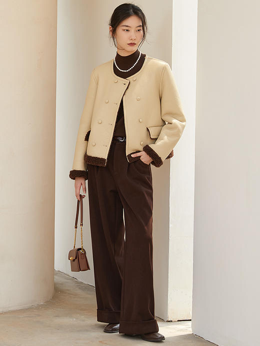 浅卡其色高腰阔腿裤 复古风翻边九分裤 春秋季显瘦百搭宽松女式休闲裤 商品图1