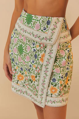 Farm Rio - Folk Floral Mini Skirt - Off-White - 女装 - 短裙 - 白色