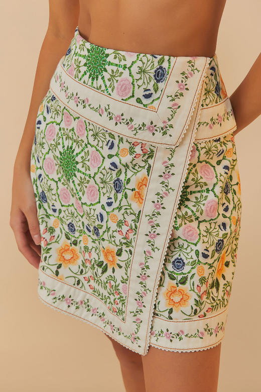 Farm Rio - Folk Floral Mini Skirt - Off-White - 女装 - 短裙 - 白色 商品图0