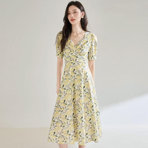 25夏季法式清新风純棉印花V领收腰短袖茶歇裙高腰A摆连衣裙25099 商品图4