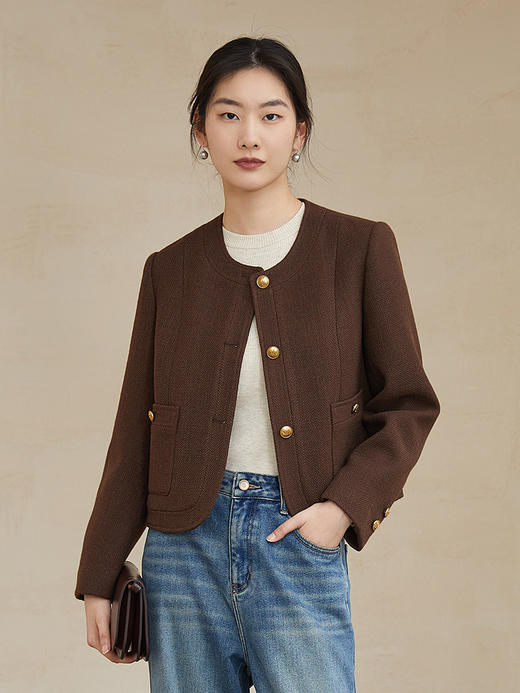 复古棕色小香风短款外套女 圆领金属扣口袋设计 秋季气质百搭上衣 商品图0