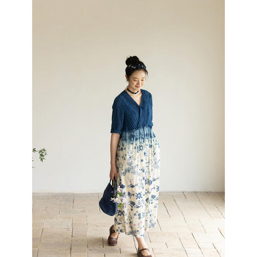 牧衣游原创 吊染蓝染印花亚麻连衣裙打条渐变质朴文艺长裙 秘境 商品图3