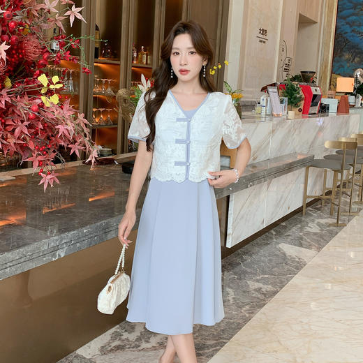 奢姿大码女装2025夏季复古气质V领两件套胖妹妹国风新中式套装9952953421 商品图0