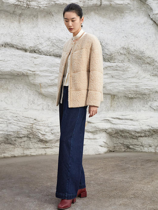 深藏青色高腰阔腿牛仔裤 立体褶裥宽松九分裤脚复古明线装饰通勤休闲日常百搭裤装 商品图1