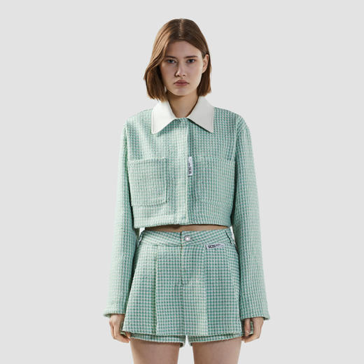 GCDS 女士字母徽标标签涤纶粗花呢短款夹克 浅绿色 B1CW0204TN4 83 商品图1