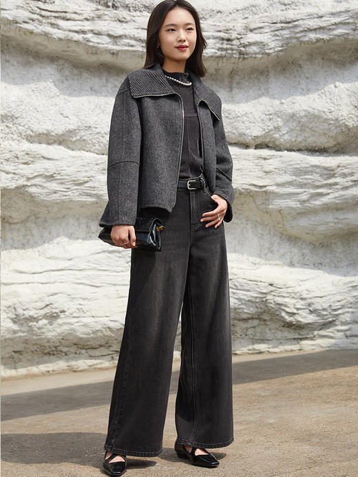 深灰色翻领拉链针织短外套 粗纺肌理宽松短款夹克 秋冬休闲慵懒风上衣 商品图1