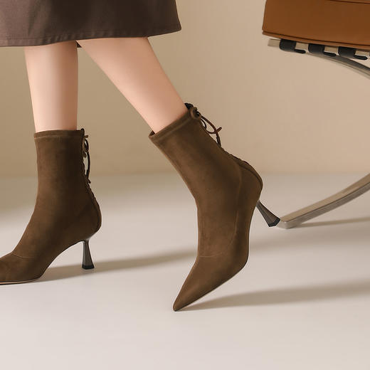 westory2024秋冬新款法式简约瘦瘦靴尖头绒面细高跟短靴女S24DS84361 商品图5