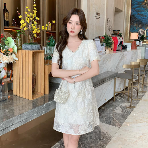 奢姿大码女装2025年夏装新款时尚优雅V领短袖亮片花卉刺绣连衣裙9952822190 商品图0