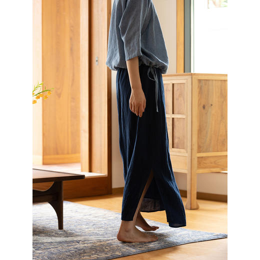 牧衣游原创 亚麻半身裙夏新款轻薄开叉百搭宽松蓝色A字半裙 清味 商品图3