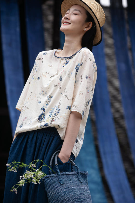 牧衣游原创印花100支纯棉套头衫新款轻薄古朴自然文艺上衣 山水趣 商品图5