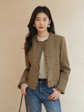 卡其格纹毛边圆领短款外套 秋冬复古小香风多口袋单排扣长袖上衣