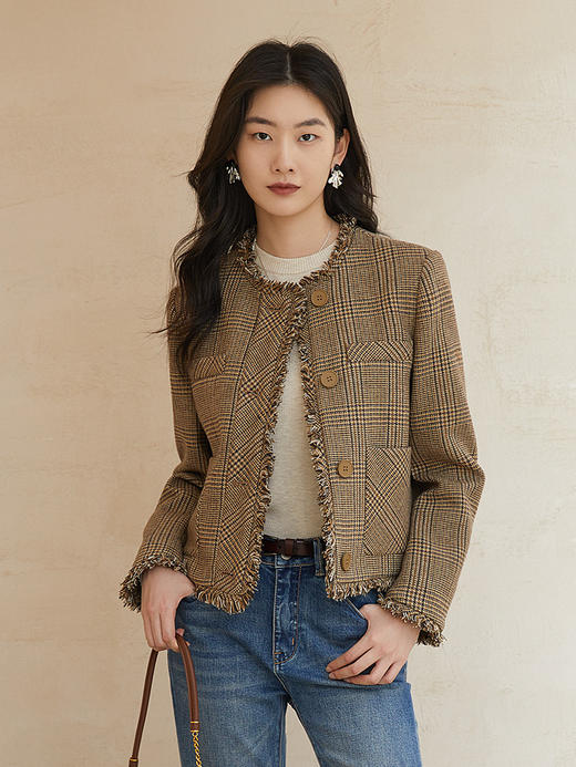 卡其格纹毛边圆领短款外套 秋冬复古小香风多口袋单排扣长袖上衣 商品图0
