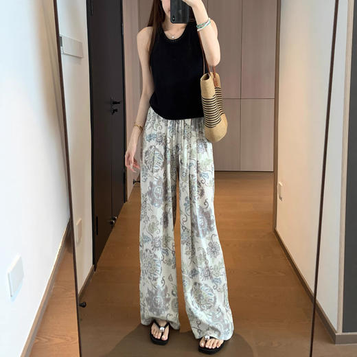 时髦慵懒！2025麻感花纹面料轻薄爽滑褶裥松紧腰直筒花纹休闲裤！ 商品图0