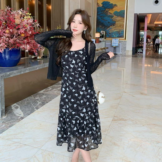 奢姿大码女装2025夏季减龄蝴蝶印花吊带针织两件套胖妹妹通勤套装9952993947AB 商品图0