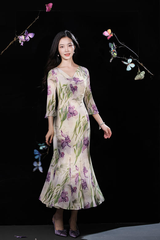 逸红颜明月优选「咏紫鸢」清丽婉转·鸢尾花荡领鱼尾，古典雪纺连衣裙 商品图11