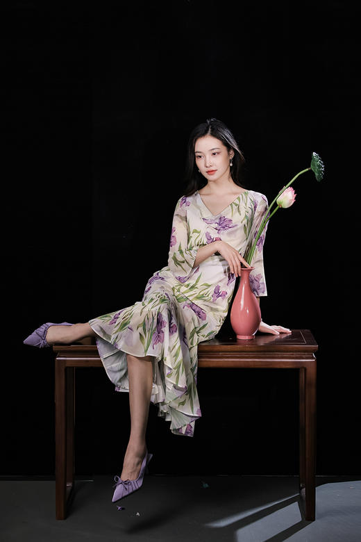 逸红颜明月优选「咏紫鸢」清丽婉转·鸢尾花荡领鱼尾，古典雪纺连衣裙 商品图13