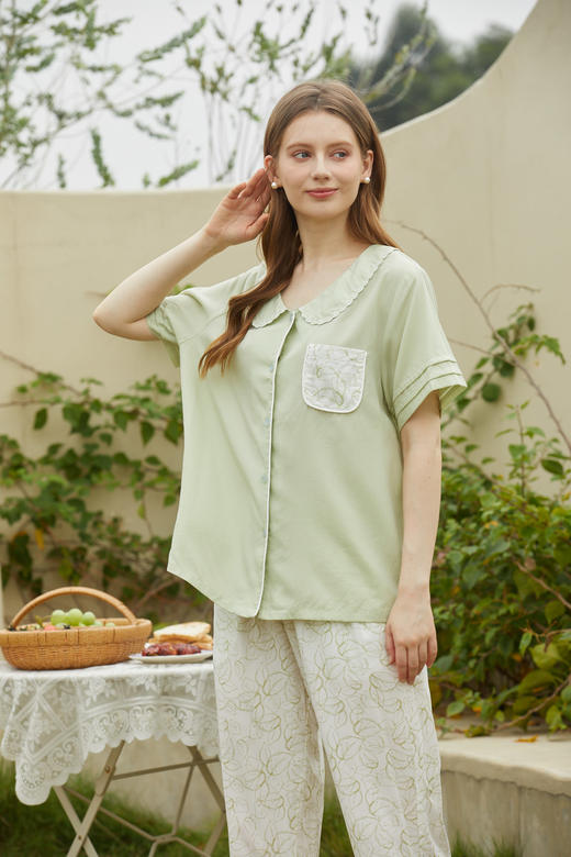 【79元限时秒杀】【秀黛】女莱赛尔绣花翻领短袖套装女士夏季睡衣家居服ML554014T【门店同款】 商品图5