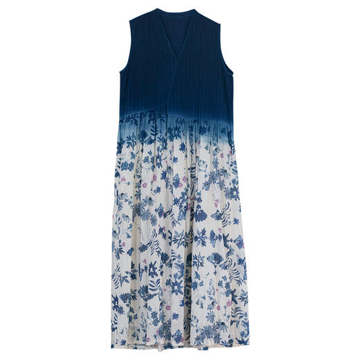 牧衣游 吊蓝染印花100支纯棉连衣裙新款无袖文艺宽松长裙 城烟雨 商品图4