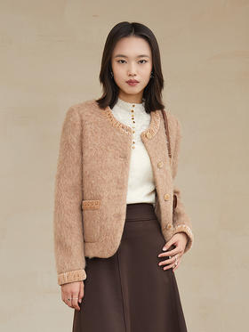 浅燕麦杂色毛呢短款外套 圆领丝绒流苏边单排扣双口袋修身显瘦秋冬法式优雅名媛风上衣