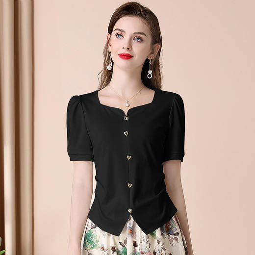 「自」全新升级【铂金会员109/天猫149/差价40】(03223)洋气方领短袖T恤女2025夏季新款气质通勤百搭设计感上衣 商品图1