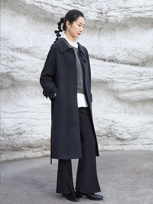 深灰色复古风系带双面羊绒大衣 长款过膝宽松显瘦羊毛呢外套 秋冬高级感气质女装 商品图0