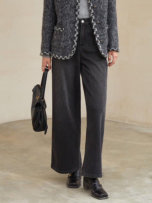 高腰阔腿黑灰做旧牛仔裤 渐变质感宽松九分裤 秋冬复古休闲牛仔长裤 商品图0