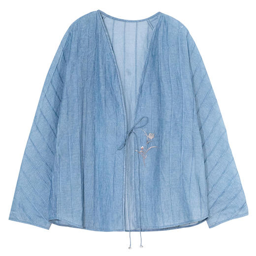 牧衣游原创 手绣打条炒色丝棉短外套夏日轻薄蓝色防晒开衫 喧风 商品图4