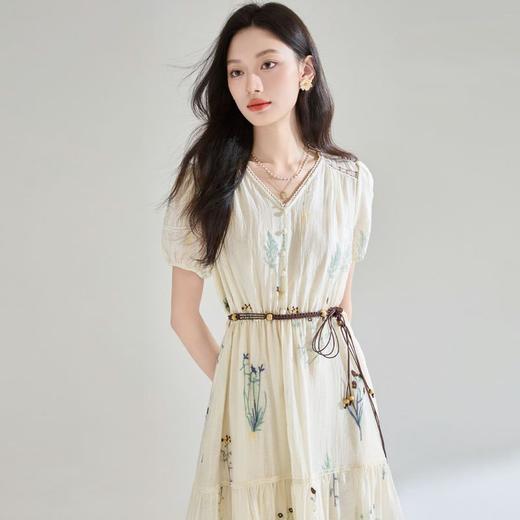 25夏季法式重工植物刺绣天丝褶皱肌理拼接设计中长款连衣裙25300 商品图4