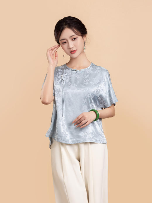 荷言GL 花蝶新 蝴蝶暗纹提花新中式短袖轻薄透气凉感夏季 商品图2