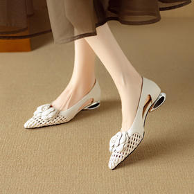 【预售5天】山茶花编织尖头单鞋女夏真皮镂空透气低跟侧空凉鞋配裙子DB&M6381