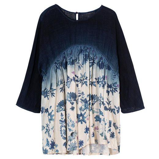 牧衣游原创 吊染蓝染印花亚麻套头衫渐变质朴复古文艺上衣 山水青 商品图4