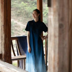牧衣游原创 吊蓝染棉质连衣裙手绣质朴文艺复古新中式长裙 乐涛