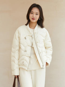 粉色盘扣波浪纹短款羽绒服 秋冬复古风立领拉链保暖面包服外套