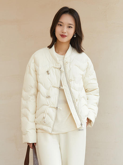 粉色盘扣波浪纹短款羽绒服 秋冬复古风立领拉链保暖面包服外套 商品图0