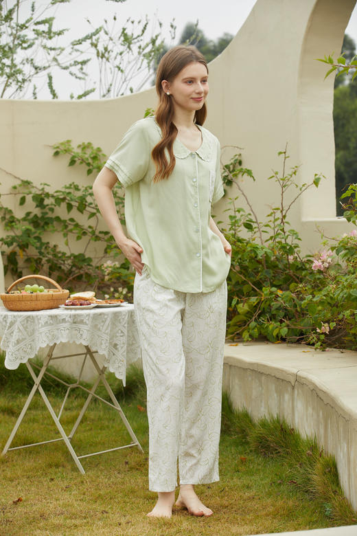 【79元限时秒杀】【秀黛】女莱赛尔绣花翻领短袖套装女士夏季睡衣家居服ML554014T【门店同款】 商品图2