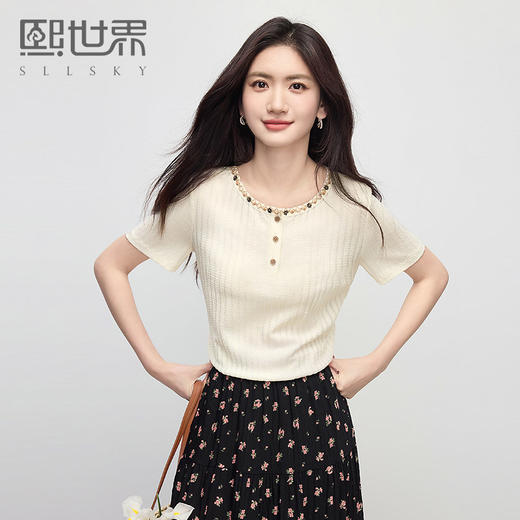 【周四狂欢价】熙世界度假风织带圆领t恤女短袖夏季新款气质百搭正肩肌理感上衣 商品图0