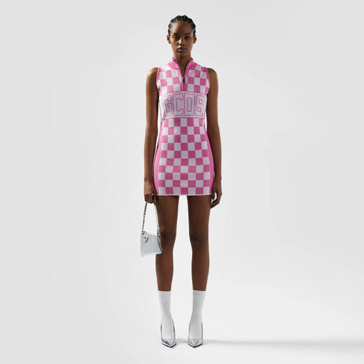 GCDS 女士字母徽标格纹半拉链迷你连衣裙 粉色 B1CW1015KH7 55 商品图3