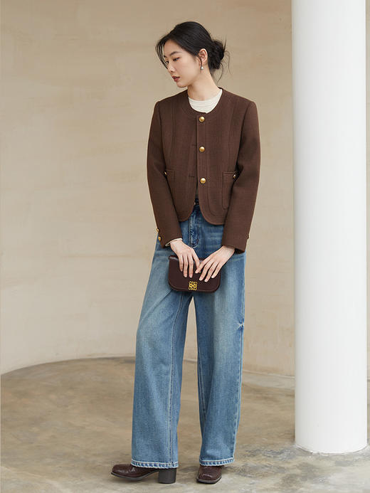 复古棕色小香风短款外套女 圆领金属扣口袋设计 秋季气质百搭上衣 商品图1