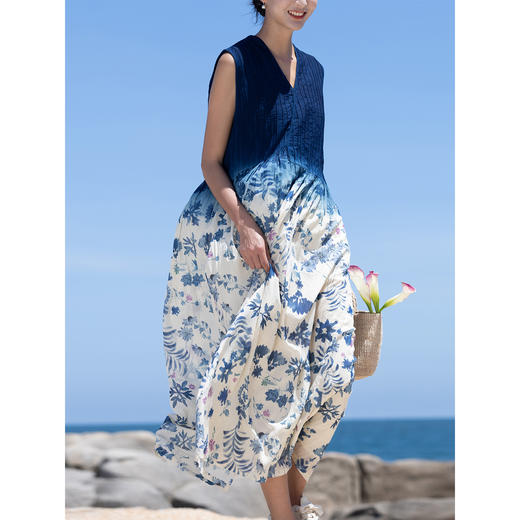 牧衣游 吊蓝染印花100支纯棉连衣裙新款无袖文艺宽松长裙 城烟雨 商品图1