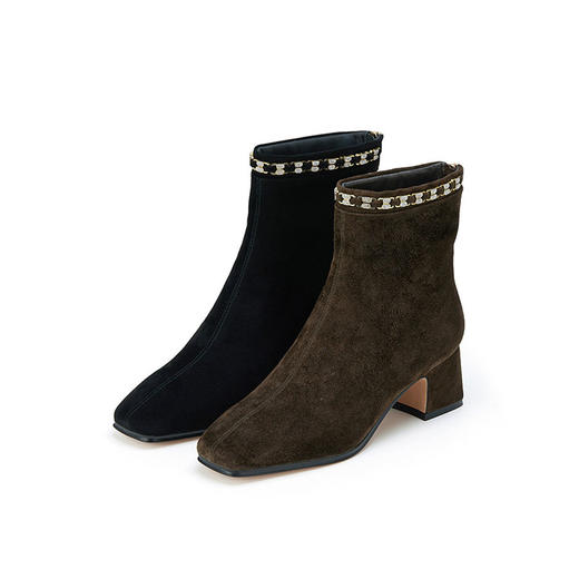 westory2023年秋季新品钻饰尖头靴方头中跟绒面靴时尚靴W23DS83151 商品图0