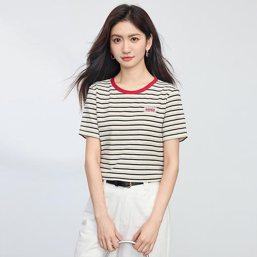 【周四狂欢价】熙世界正肩条纹T恤短袖女2025夏新款时尚小个子休闲撞色圆领上衣 商品图3