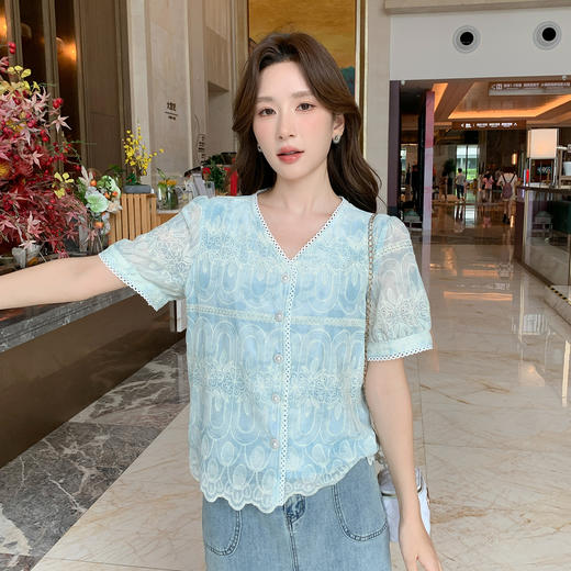 【清仓超15天不保价】奢姿大码女装2025夏季胖妹妹法式V领刺绣复古不规则遮肉时尚上衣9952153451 商品图1