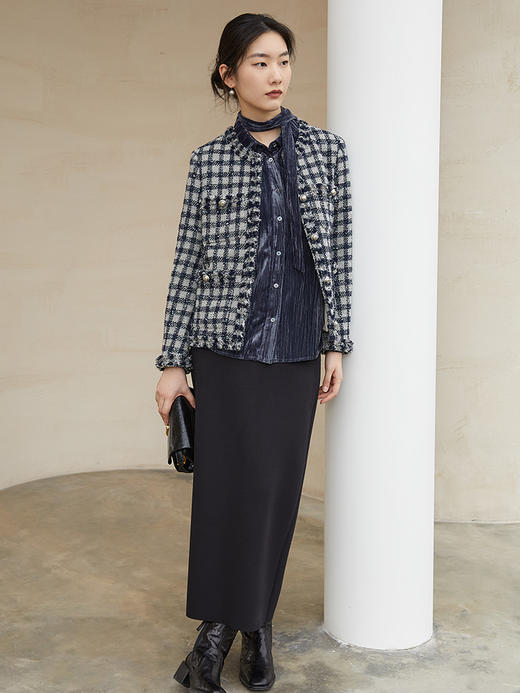 黑白格纹粗花呢小香风外套 流苏边金属扣短款夹克 复古优雅秋冬气质上衣 商品图1