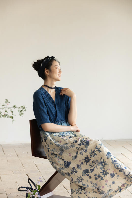 牧衣游原创 吊染蓝染印花亚麻连衣裙打条渐变质朴文艺长裙 秘境 商品图5